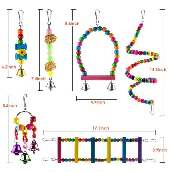 6 Pcs Bird Parrot Toys, Bird Swing Toy Colorful Chewing Hanging Hammock Swing Bell Pet Climbing Ladders Toys Bird Toys For Par (wood) - Image 2